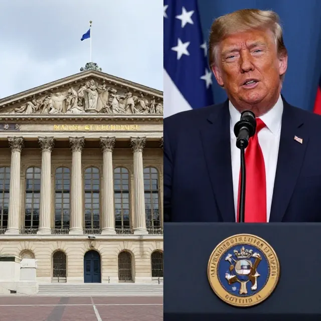 Split photo showing the French Parliament building in Paris and Donald Trump speaking at a press event