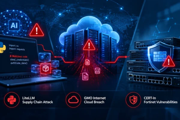 Cybersecurity illustration showing an AI software supply-chain attack, cloud server breach, and Fortinet security vulnerabilities.
