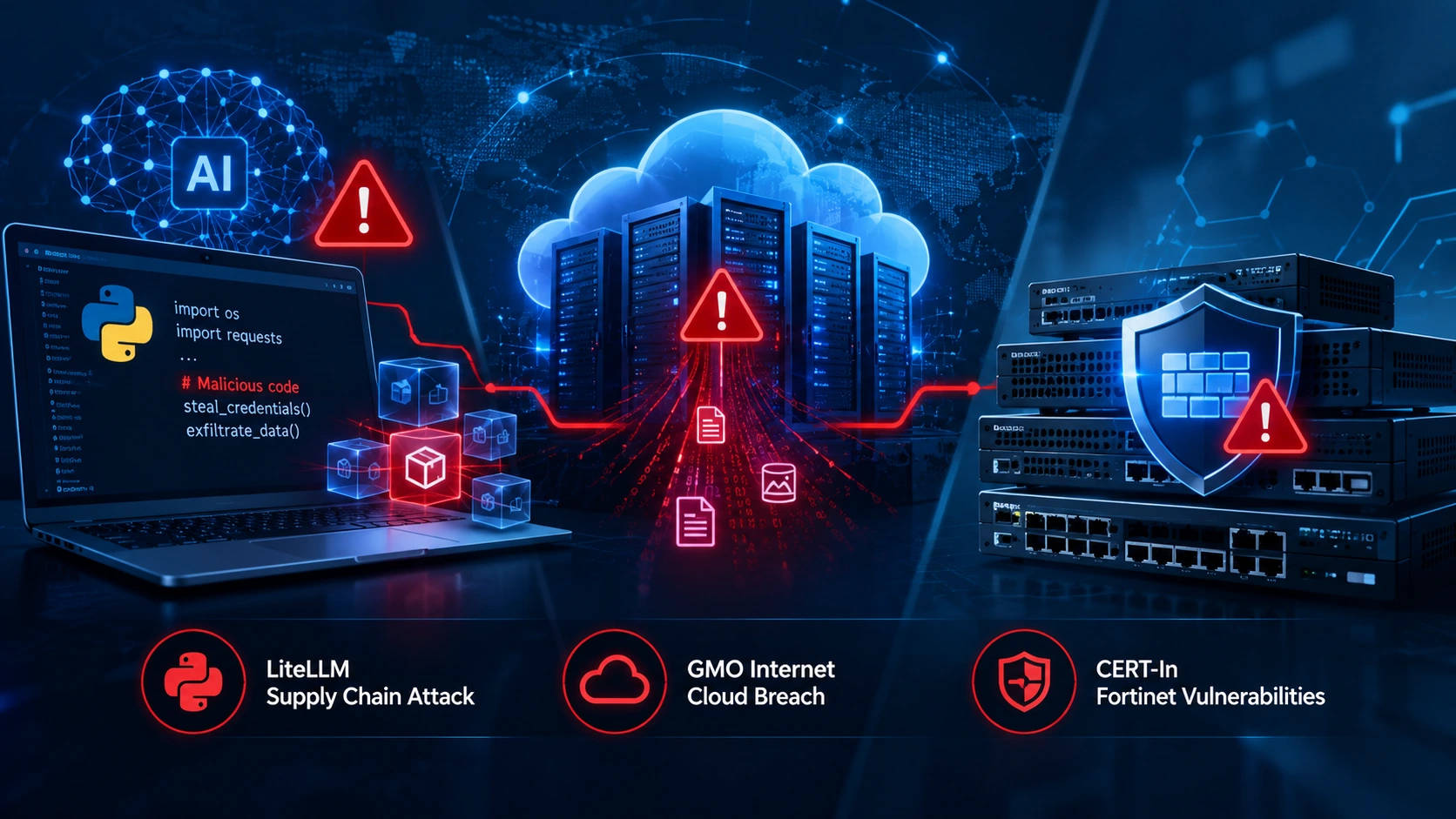 Cybersecurity illustration showing an AI software supply-chain attack, cloud server breach, and Fortinet security vulnerabilities.