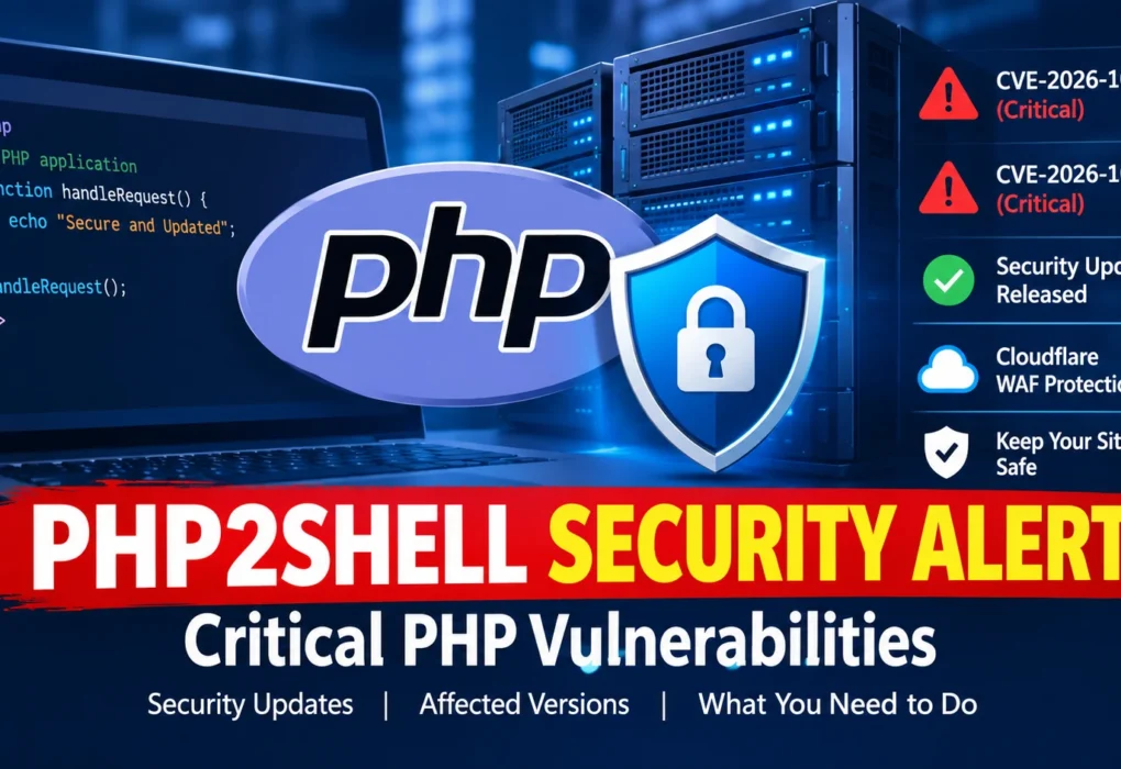 PHP2Shell security alert showing PHP code, a web server, and a cybersecurity shield