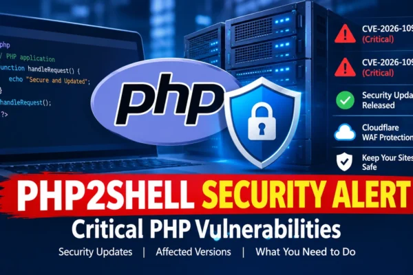PHP2Shell security alert showing PHP code, a web server, and a cybersecurity shield