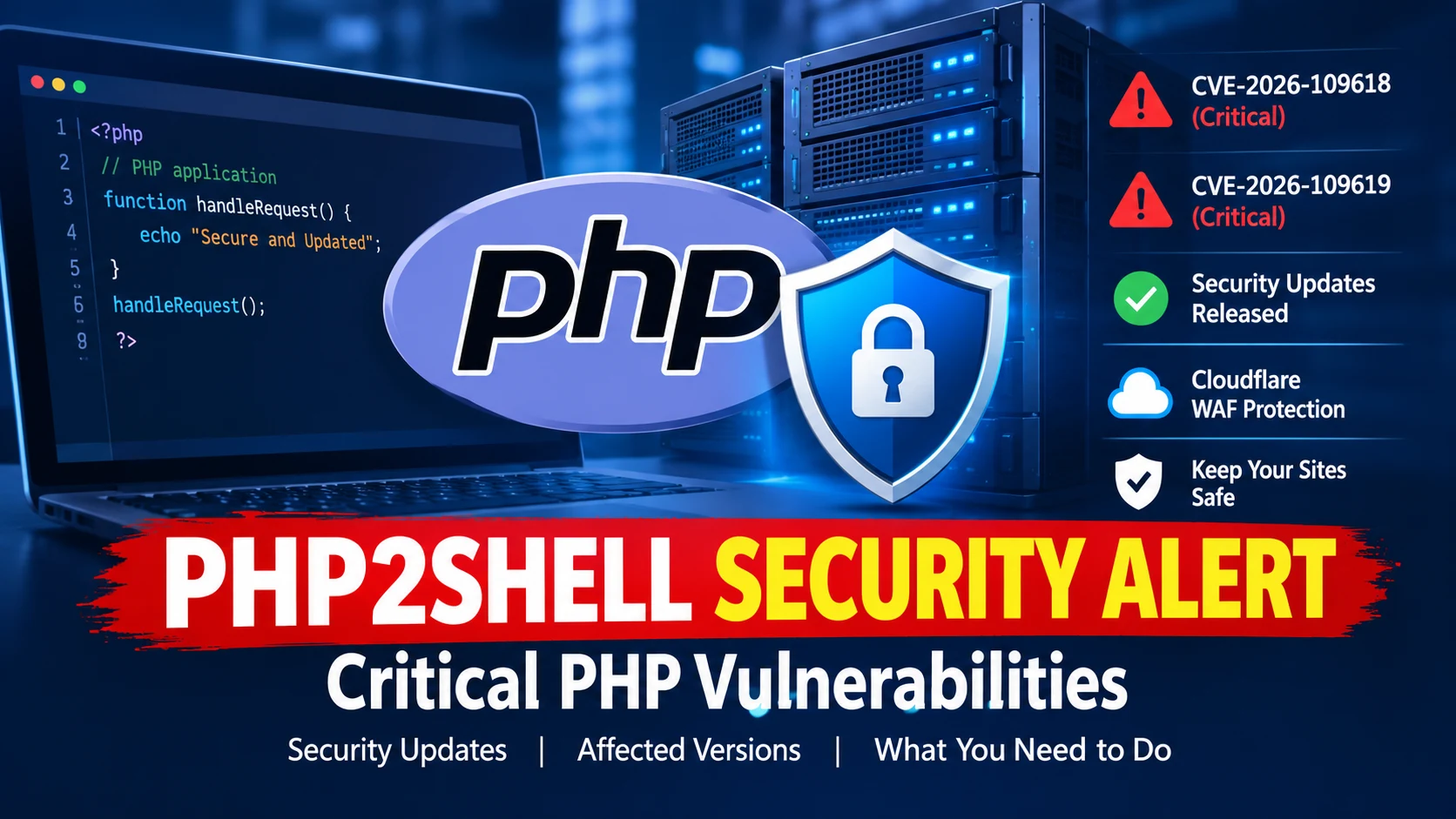 PHP2Shell security alert showing PHP code, a web server, and a cybersecurity shield