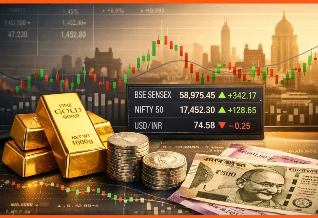 Financial trading charts illustrating Indian stock market movements and MCX commodity trading.