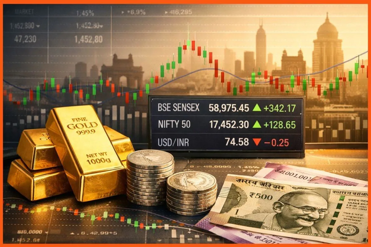 Financial trading charts illustrating Indian stock market movements and MCX commodity trading.