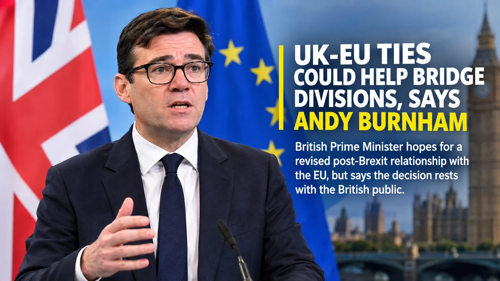 Andy Burnham pictured against UK and EU flags with a headline about closer post-Brexit relations