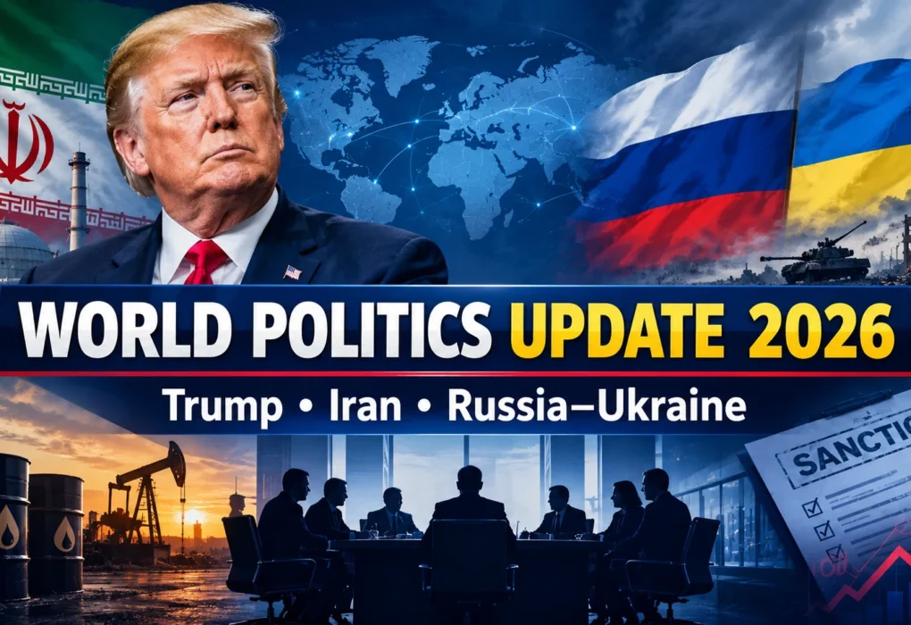 World politics news graphic featuring Trump, Iran, Russia and Ukraine