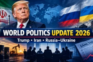 World politics news graphic featuring Trump, Iran, Russia and Ukraine