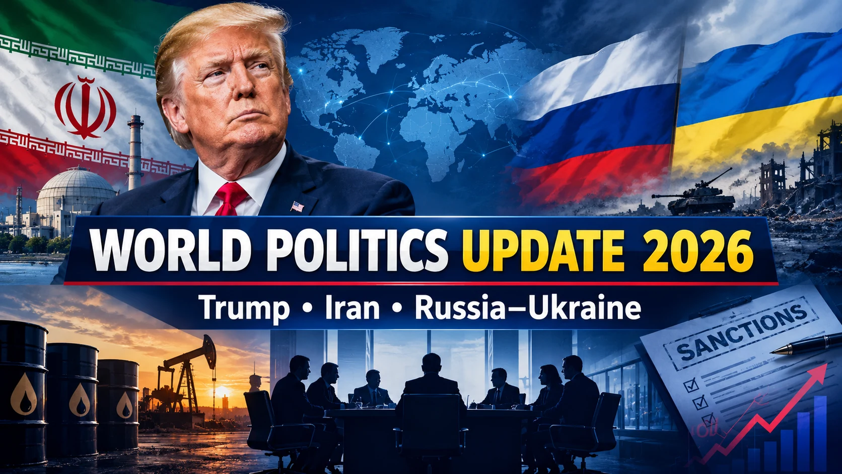 World politics news graphic featuring Trump, Iran, Russia and Ukraine