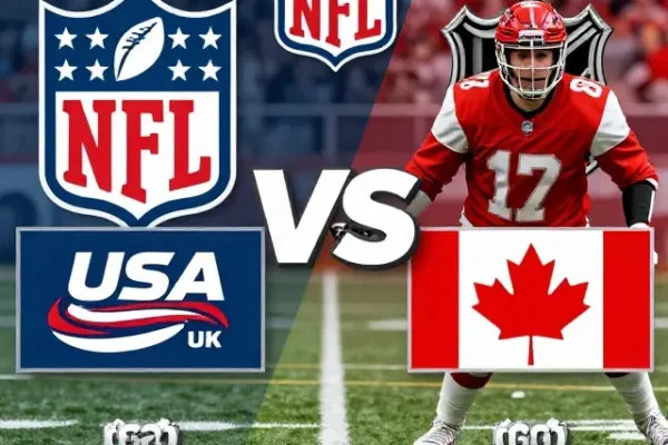 NFL football helmet facing an NHL ice hockey puck and sticks with USA and Canada flags in the background.