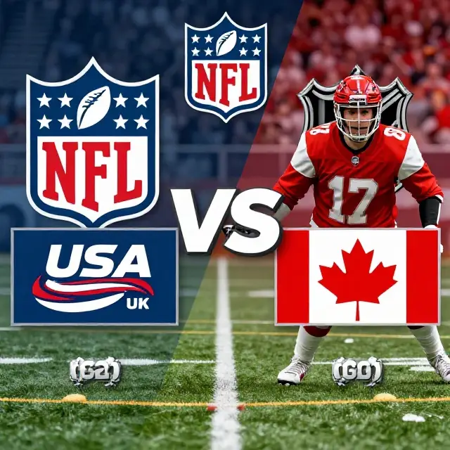 NFL football helmet facing an NHL ice hockey puck and sticks with USA and Canada flags in the background.