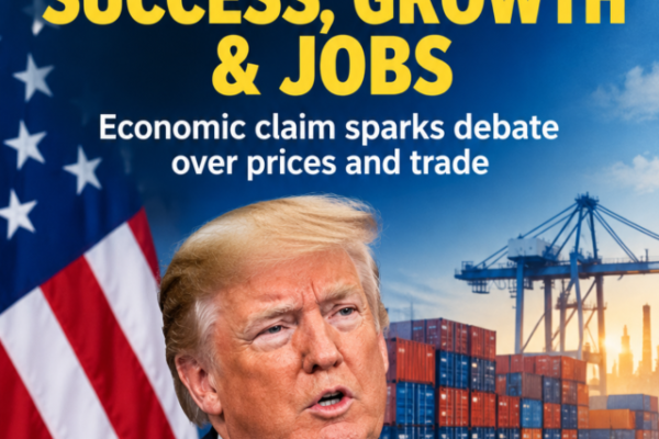 Donald Trump speaking about tariffs against a backdrop of American flags and shipping containers.