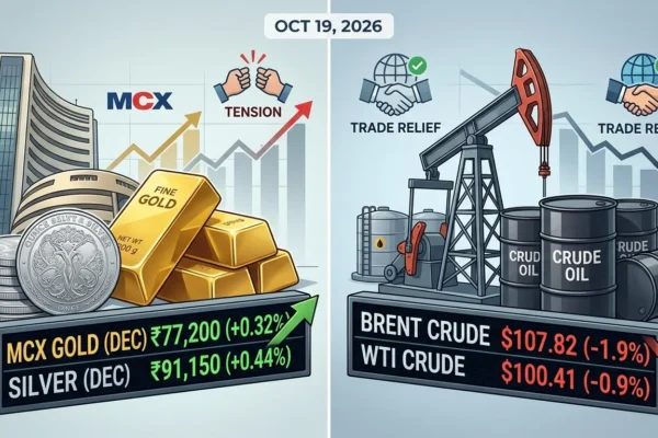 A financial infographic comparing MCX gold and silver futures rising due to market tensions, next to Brent and WTI crude oil prices falling amid global trade relief updates for October 19, 2026.