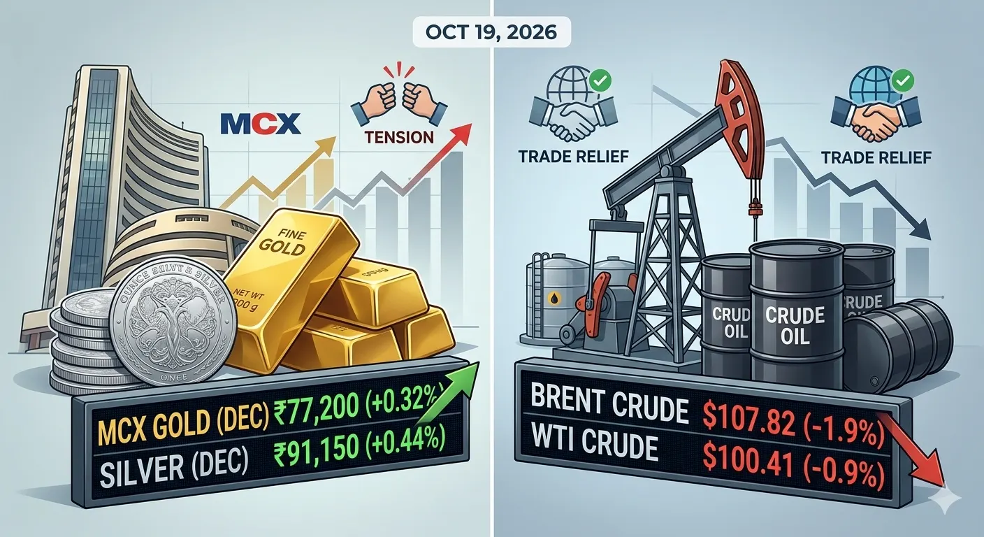 A financial infographic comparing MCX gold and silver futures rising due to market tensions, next to Brent and WTI crude oil prices falling amid global trade relief updates for October 19, 2026.