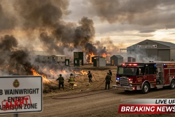 Firefighters and military crews battling a massive wildfire after an explosion at Canadian Forces Base CFB Wainwright in Alberta, Canada with breaking news live update banner.