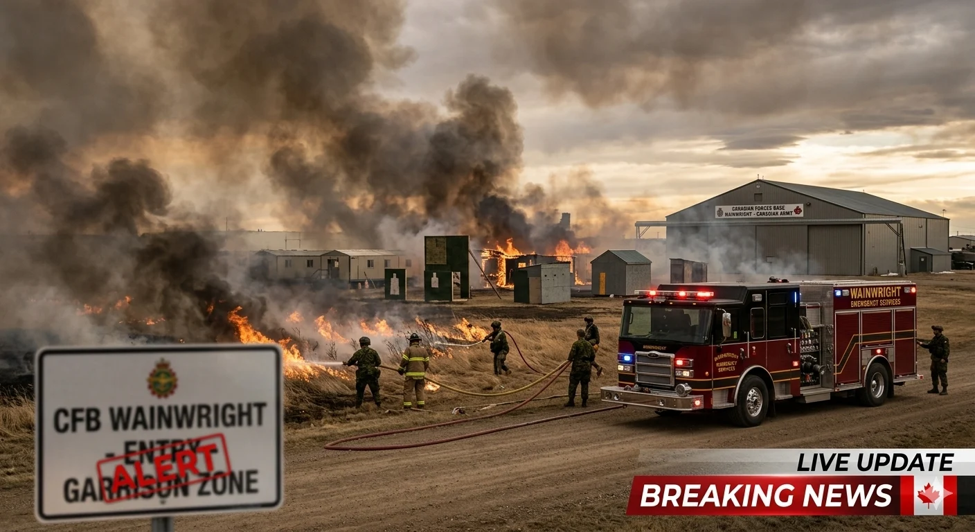 Firefighters and military crews battling a massive wildfire after an explosion at Canadian Forces Base CFB Wainwright in Alberta, Canada with breaking news live update banner.